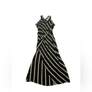 Rachel Roy Black & Green Striped Sleeveless V-neck Belted Maxi Dress Size Med